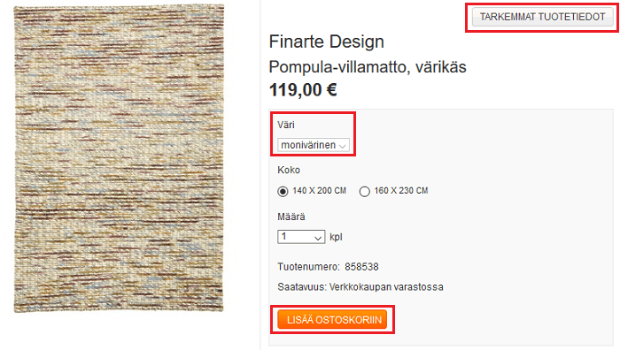 Valitse väri, tutustu tuotetietoihin ja lisää ostoskoriin