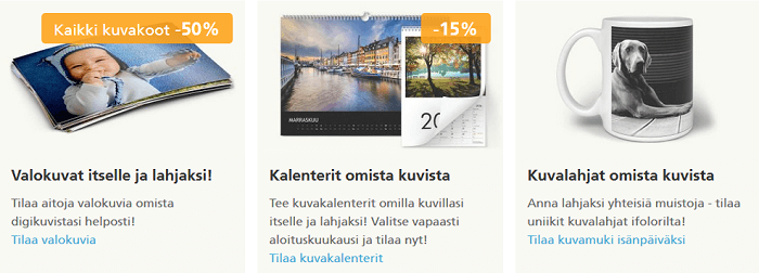 Monenlaisia kuvatuotteita lahjaksi tai itselle