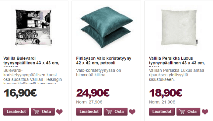 Sisustustyynyjä alennetuin hinnoin