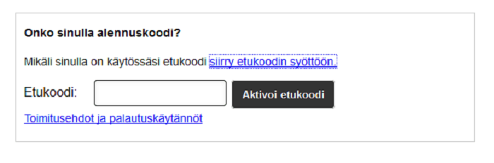 lisää saamasi alennuskoodi