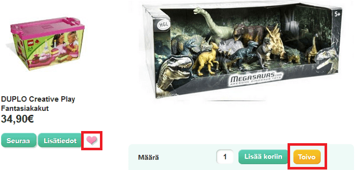 Lisää tuote muistilistalle/toivelistalle