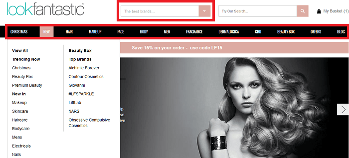 Päävalikko ja tuotemerkkivalikko