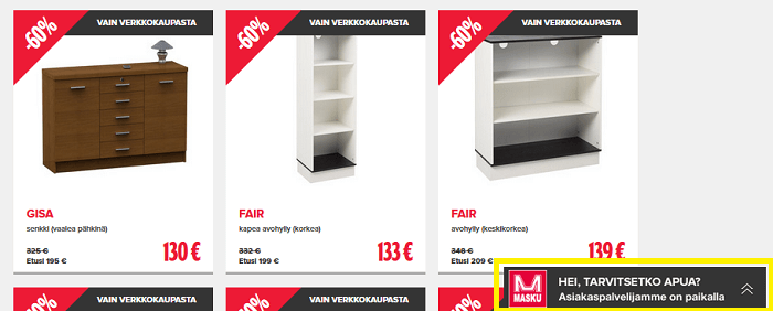 verkko-outletin tuotteita sekä livechat-asiakaspalvelu