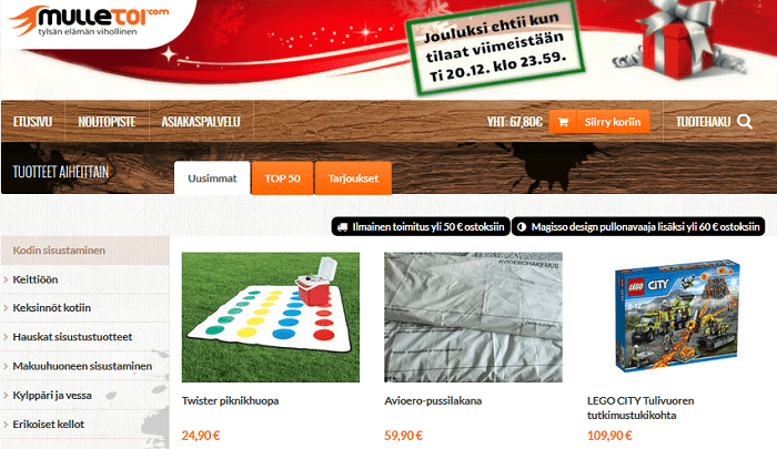 Etusivu, päävalikko sekä tuotteet aiheittain