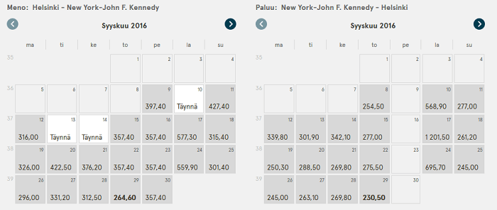 tarjouslentojen hintakalenteri