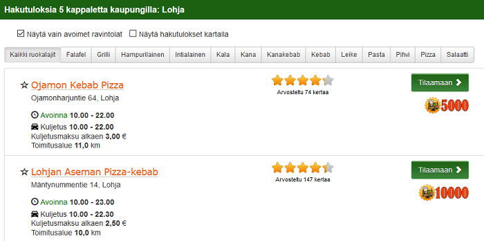 Valitse hakutuloksista mieleisin foodora-ravintola