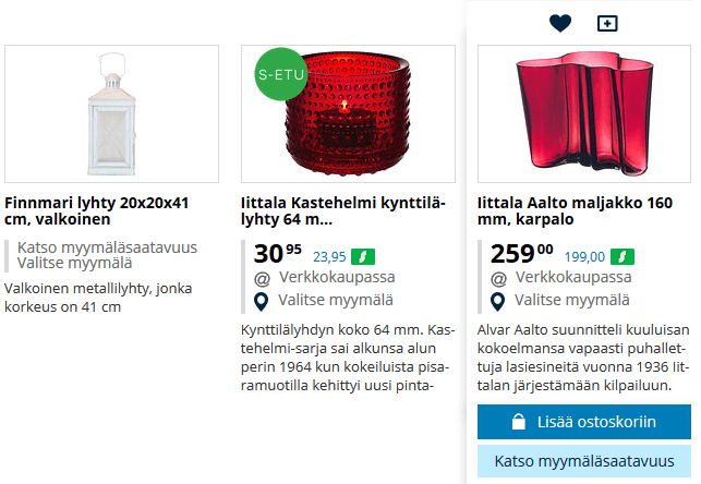 Lisää tuote toiveisiin, vertailuun tai ostoskoriin.