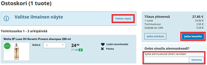 Valitse ilmaisnäyte, lisää koodi ja jatka kassalle.