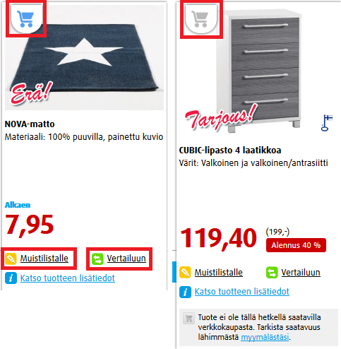 verkkokauppatuote, joka on saatavilla tai loppunut