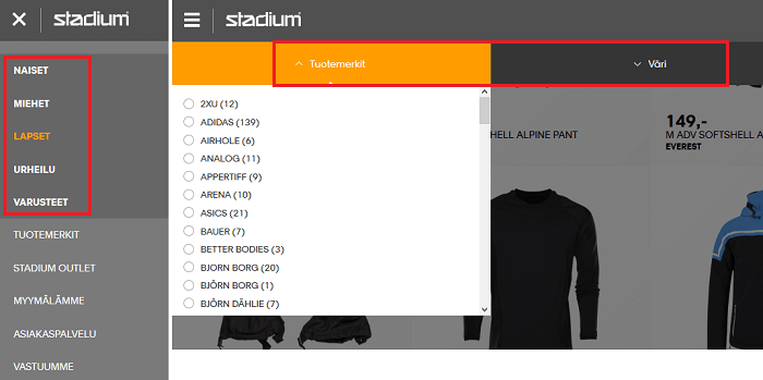 Valitse tuotekategoria; rajaa tuotenäkymää ehtojen avulla.