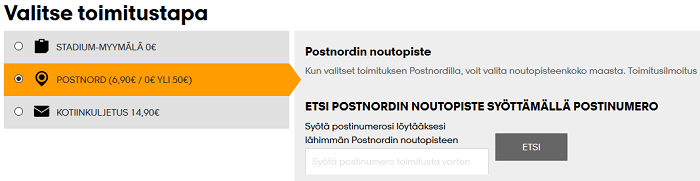 Toimitustavan valinta