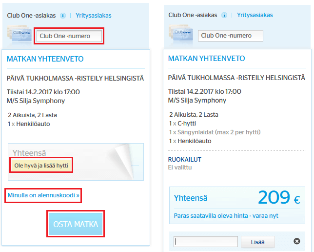 Tallink Silja alennuskoodin lisääminen