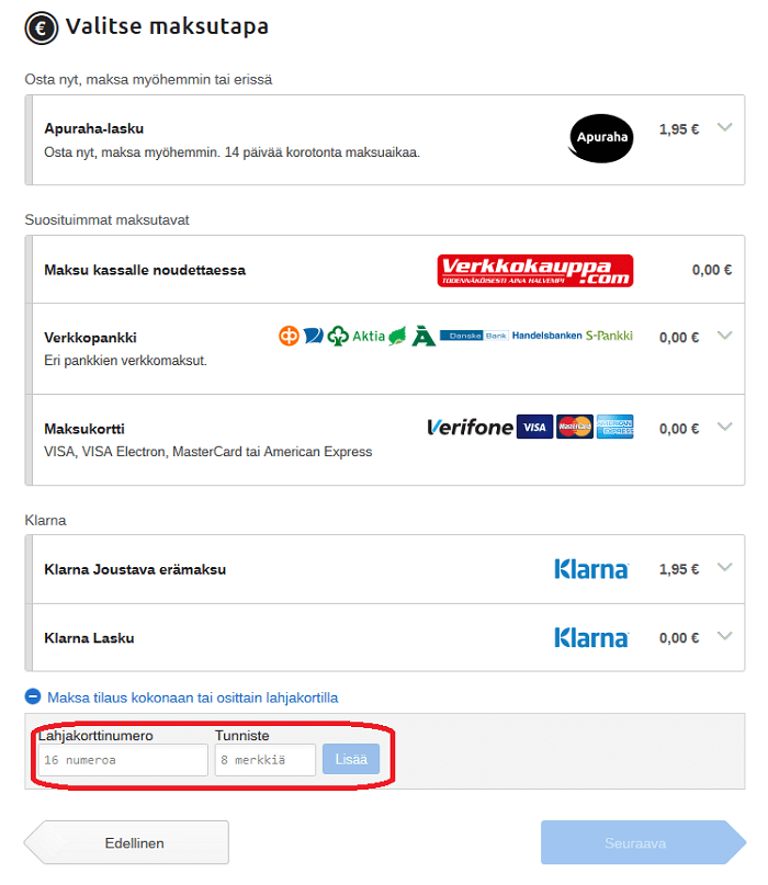 etukoodi lahjakortti maksaminen verkkokauppa