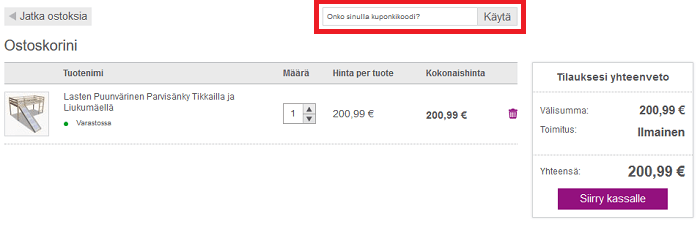 Lisää etukoodi ostoskoriin