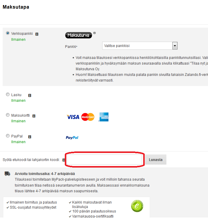 kuponki käyttäminen zalando.fi