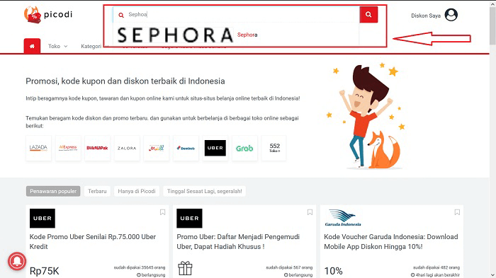Mencari promo dan Kode Diskon SEPHORA di situs PICODI
