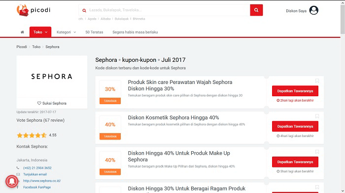 Tawaran promo dan Kode Diskon SEPHORA di situs PICODI