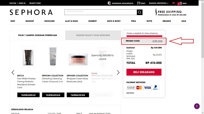 Menggunakan Kode Diskon dari PICODI di situs SEPHORA