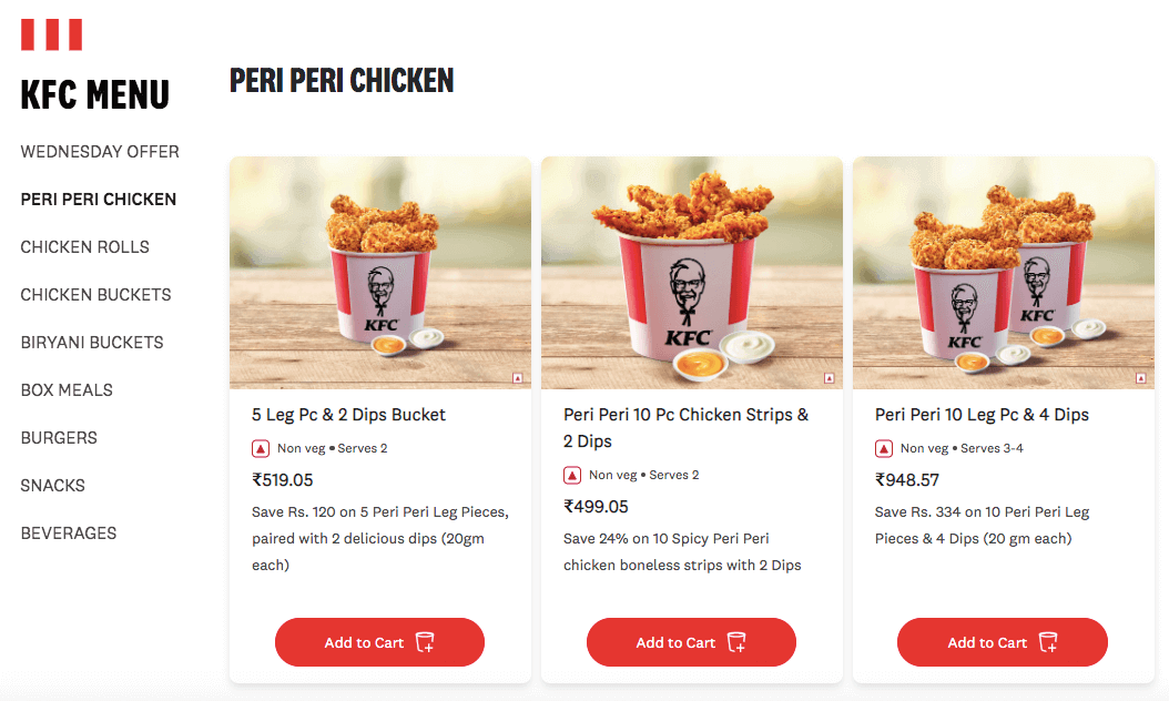 KFC fried chicken menu
