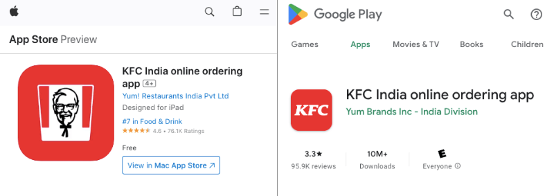 KFC mobile apps ratings