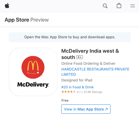 McDelivery mobile app ratings