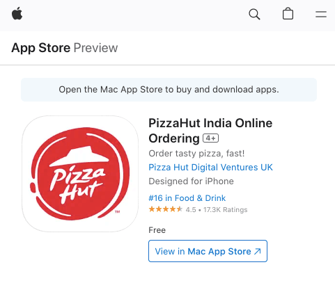 Pizza Hut mobile app ratings