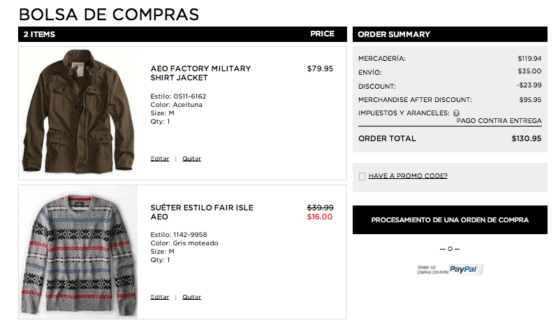 Carro de compra ahorro american eagle outfitters