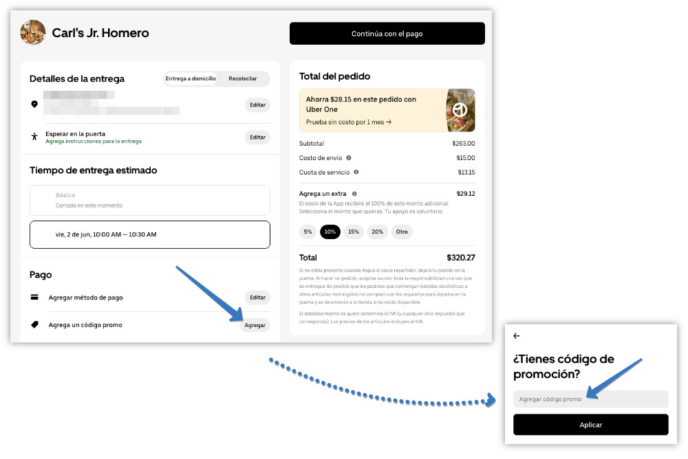 Cómo aplicar el código Carl’s Jr. en la pagina web de Uber Eats