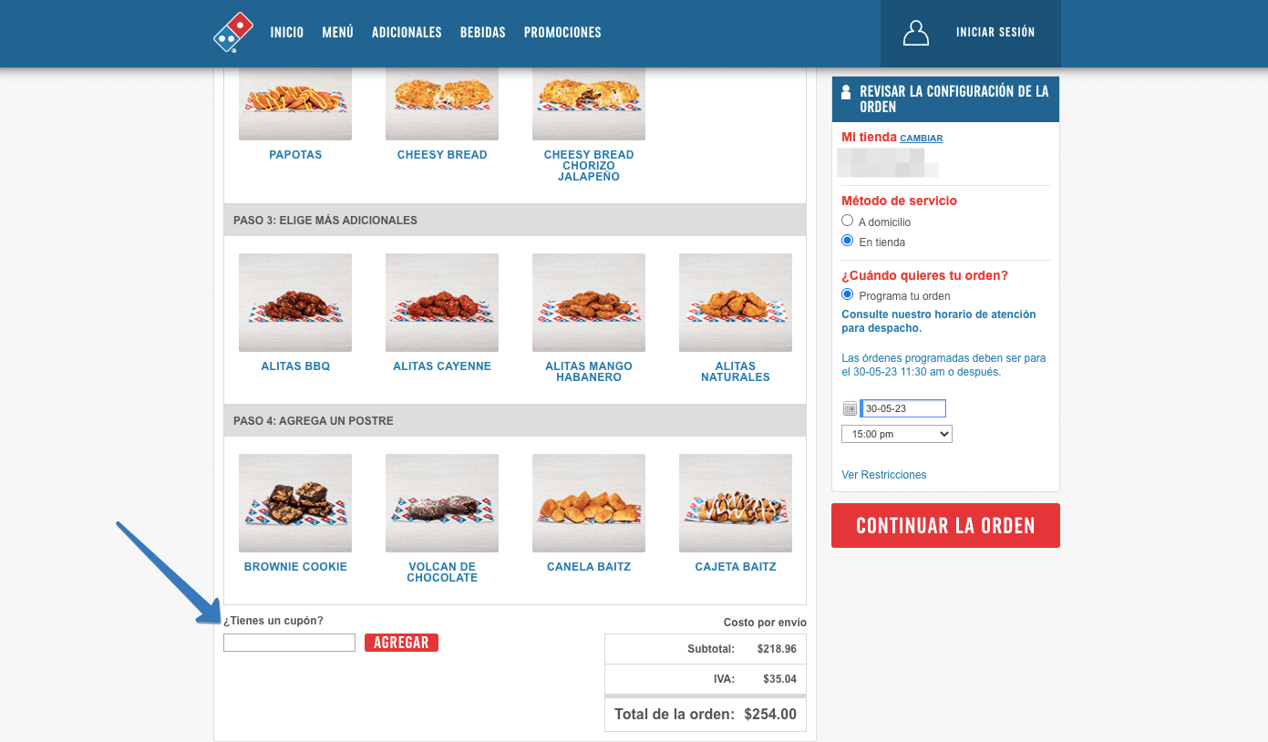 Dónde ingresar el cupón Domino’s en la página web
