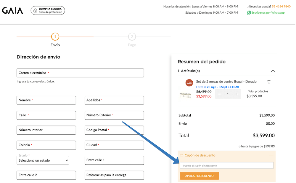 Dónde ingresar el cupón GAIA en la página web