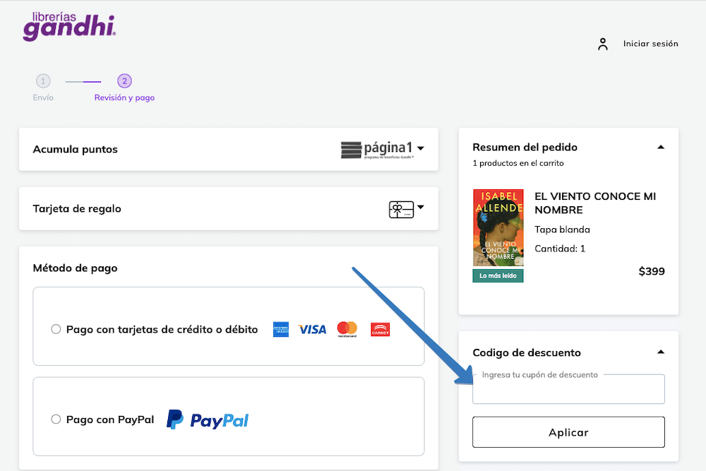 Dónde ingresar el cupón de descuento Gandhi en la página web