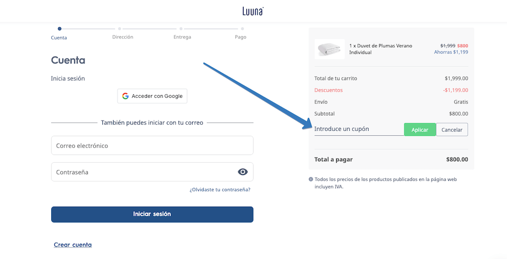 Dónde ingresar el cupón Luuna en la página web