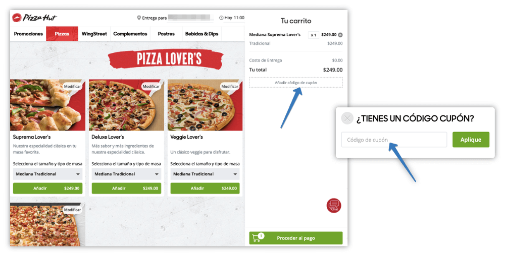 Dónde ingresar el cupón Pizza Hut en la página web