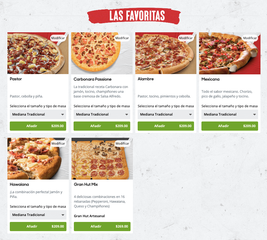 Qué tipos de platos se puede comprar en Pizza Hut