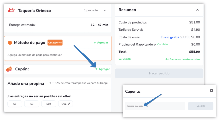 Dónde ingresar el código promocional Rappi en la página web
