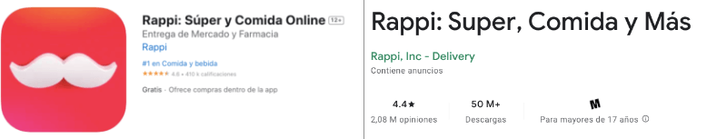 App de Rappi en Google Play y AppStore