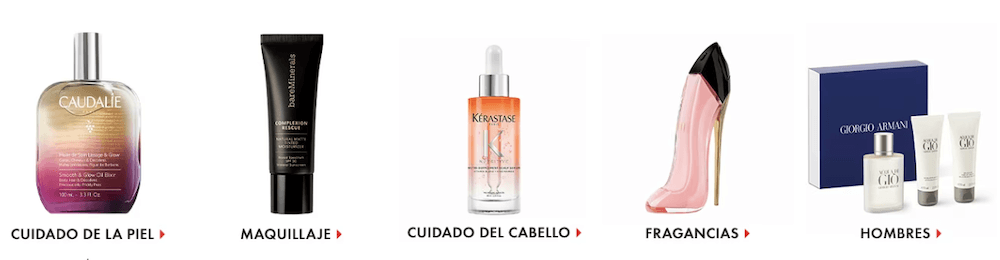 Categorías de productos que se pueden comprar en Sephora
