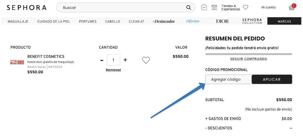 Dónde ingresar el código del cupón Sephora en la página web