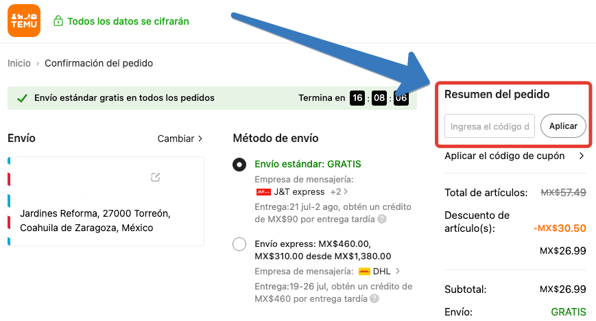 ¿Dónde introducir el código del cupón Temu?