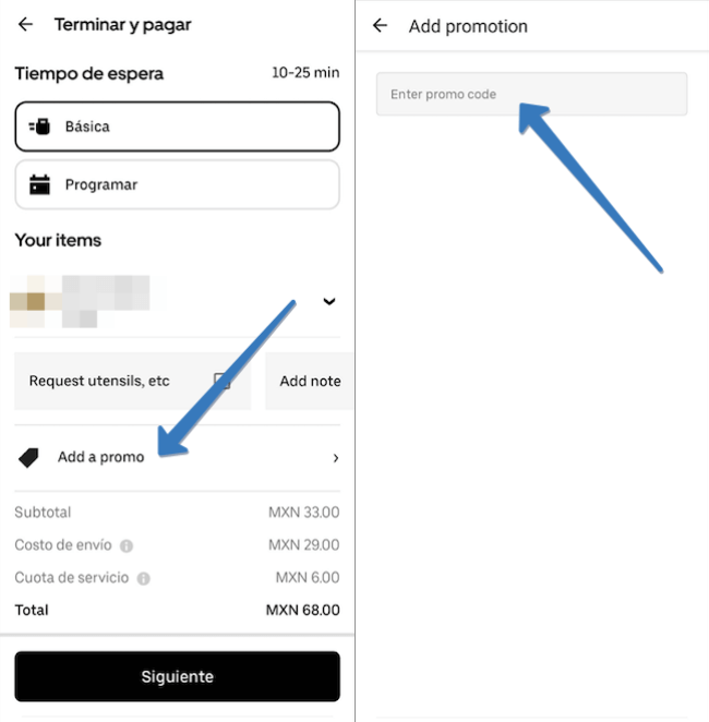 Dónde ingresar el código promocional Uber Eats en la app