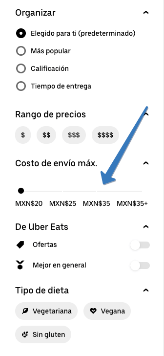 El control deslizante Costo de envío máximo