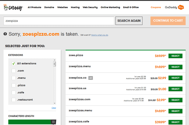 Domain section at GoDaddy Domain section at GoDaddy
