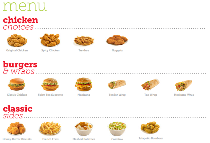 The great menu at Texas Chicken