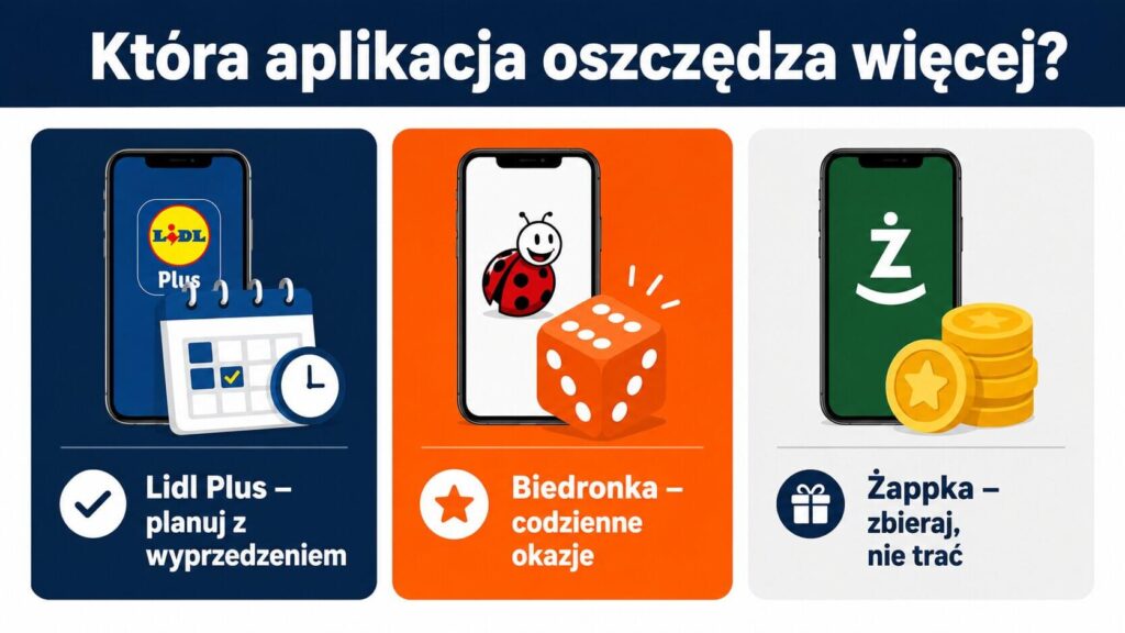 Trzy smartfony z aplikacjami Lidl Plus, Moja Biedronka i Żappka na tle sklepowych produktów – porównanie kuponów 2026