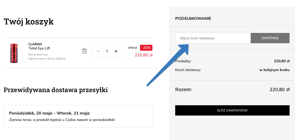 Pole na kod rabatowy w sklepie aelia