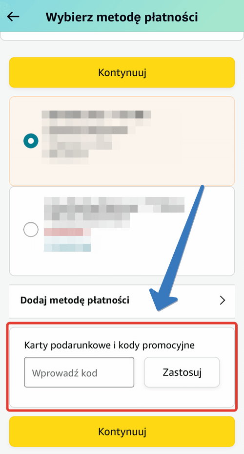 Gdzie znajduje się pole na kod rabatowy w aplikacji Amazon