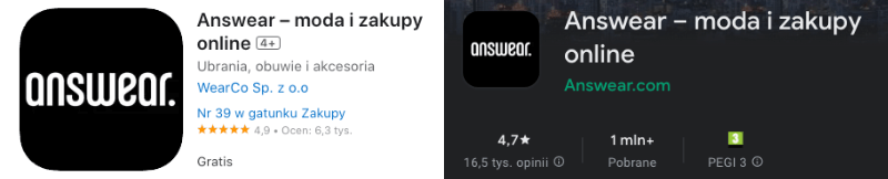 Oceny aplikacji Answear w AppStore i Google Play