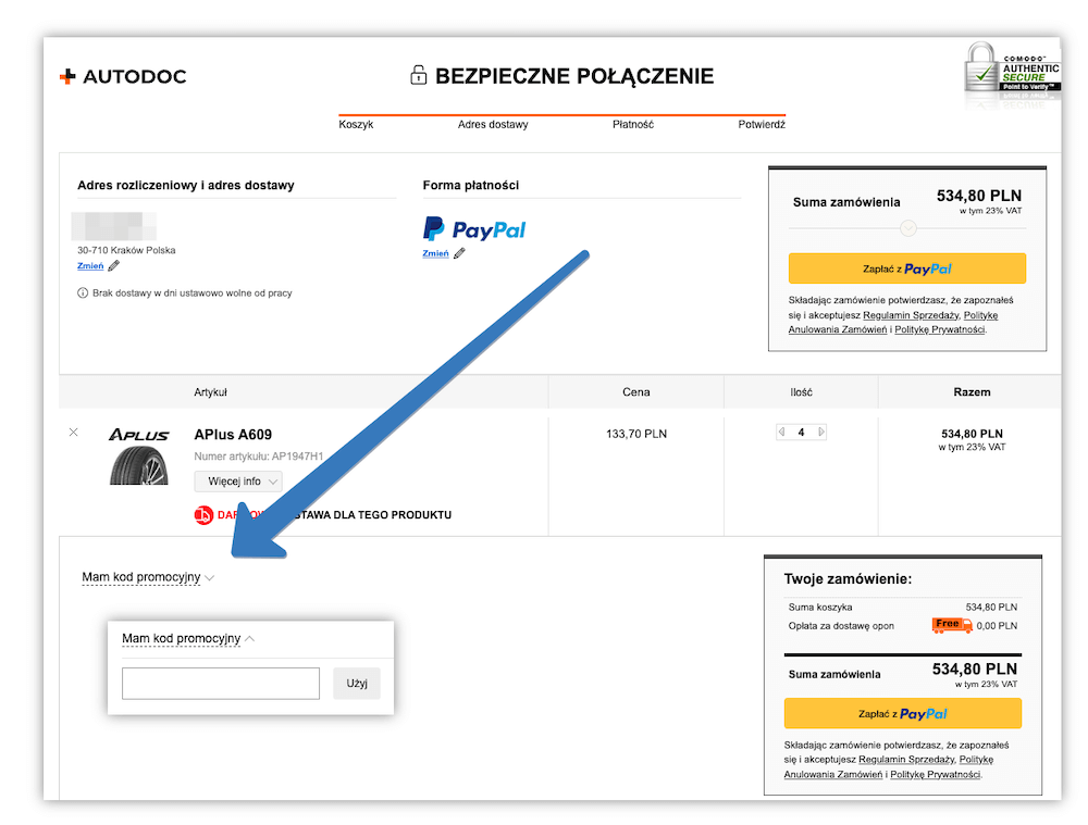Gdzie się wpisuje kod rabatowy w Autodoc?