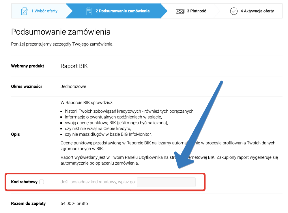 Gdzie wpisuje się kod rabatowy w BIK?
