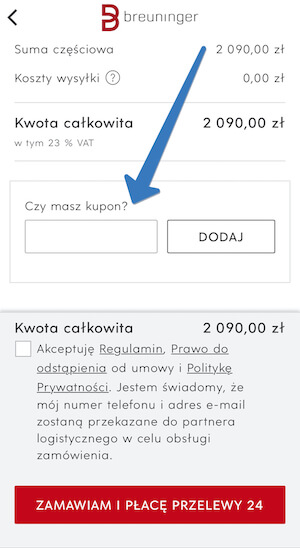 Kod rabatowy w aplikacji mobilnej Breuninger